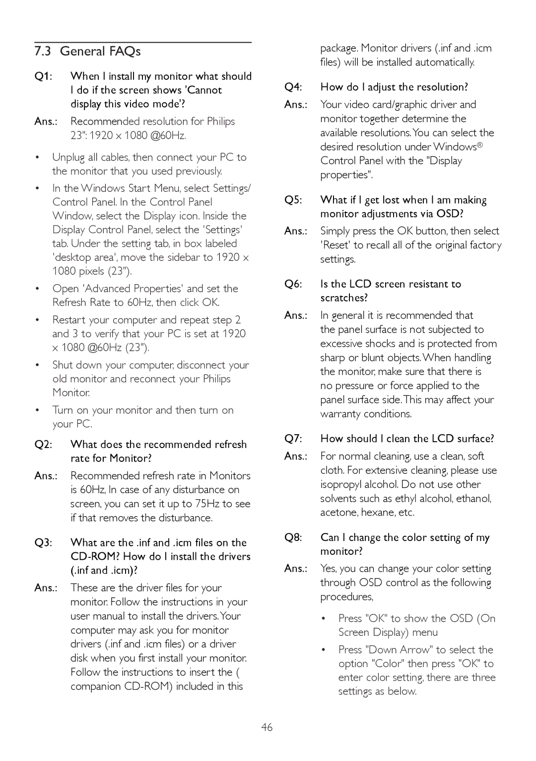 Philips 239CL2, M2239CLE1T warranty General FAQs 