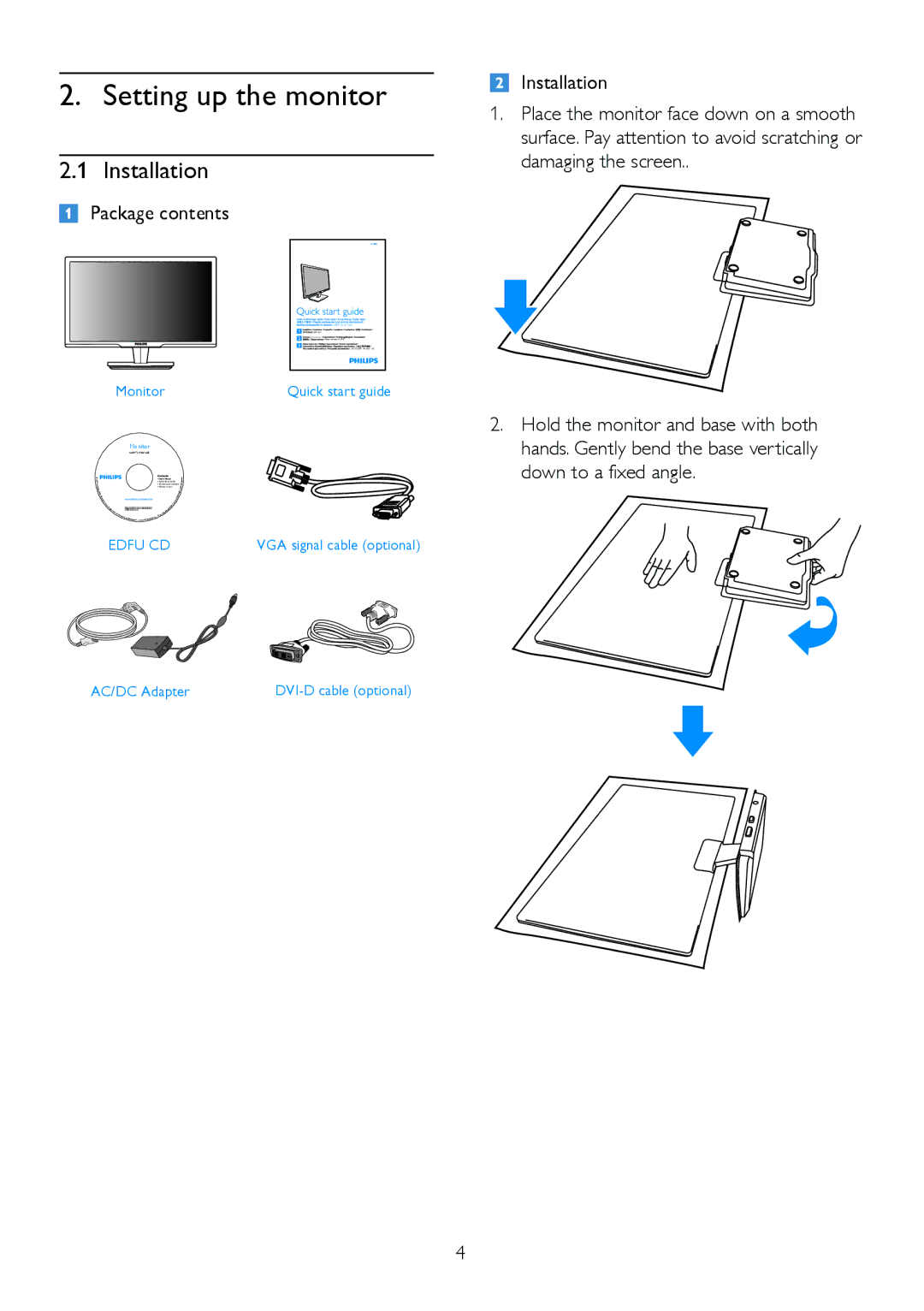 Philips 239CL2, M2239CLE1T warranty Installation, Package contents 