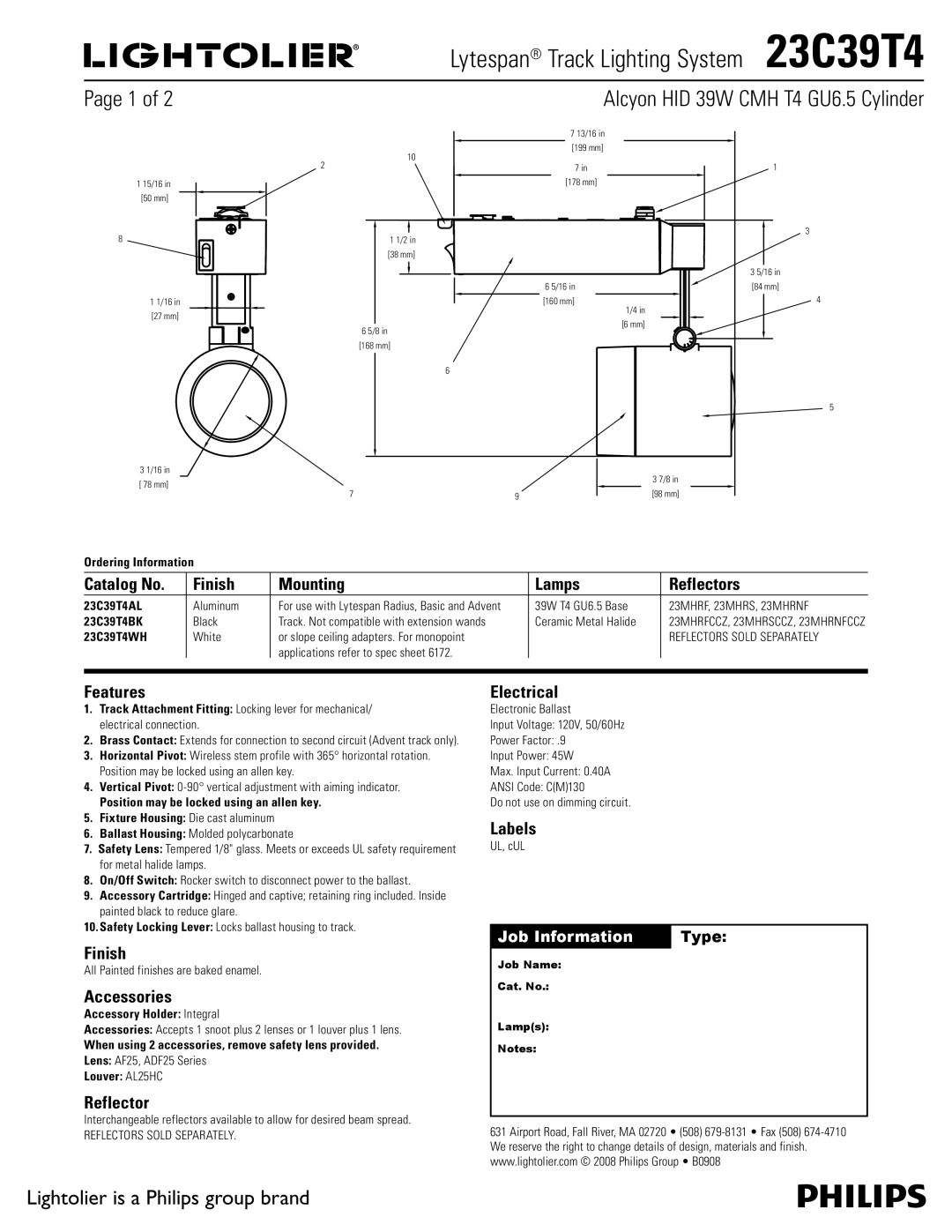 Philips 23C39T4 manual Catalog No Finish Mounting Lamps Reflectors, Features, Accessories, Electrical, Labels 