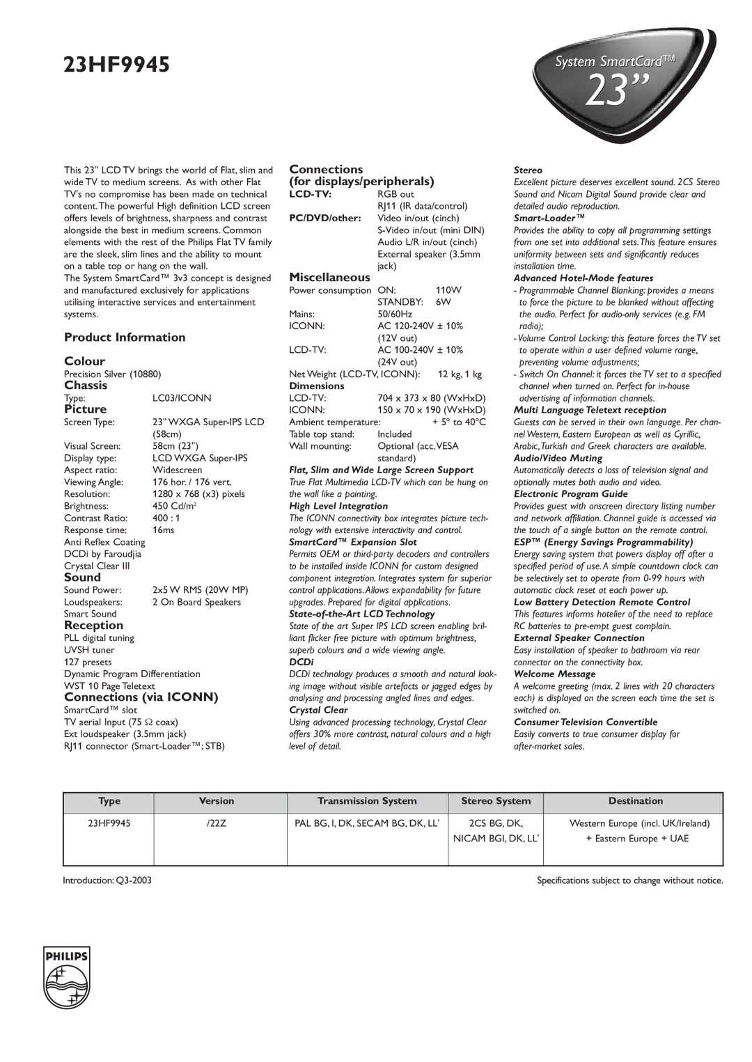 Philips 23HF9945 manual Connections, For displays/peripherals, Miscellaneous, Product Information, Colour, Chassis, Picture 