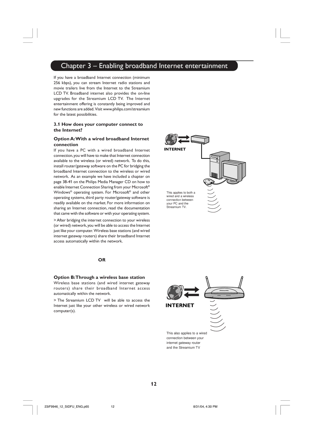 Philips 23iF9946 user manual Enabling broadband Internet entertainment, Option BThrough a wireless base station 