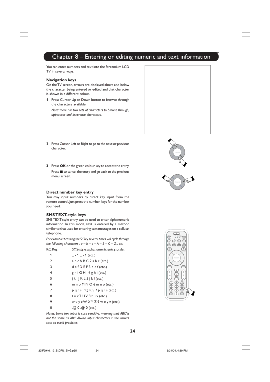 Philips 23iF9946 user manual Entering or editing numeric and text information, Navigation keys, Direct number key entry 