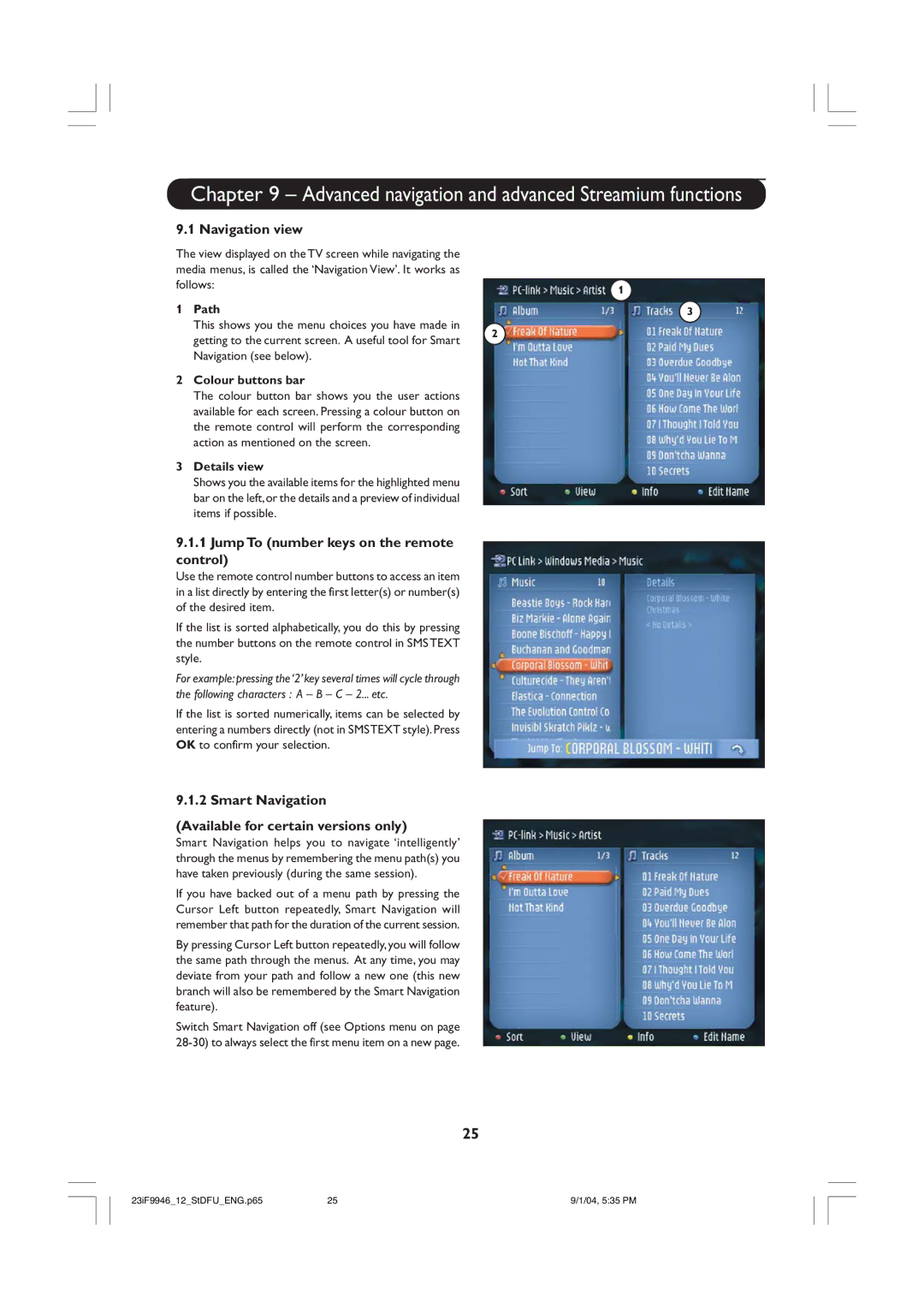 Philips 23iF9946 user manual Advanced navigation and advanced Streamium functions, Navigation view 