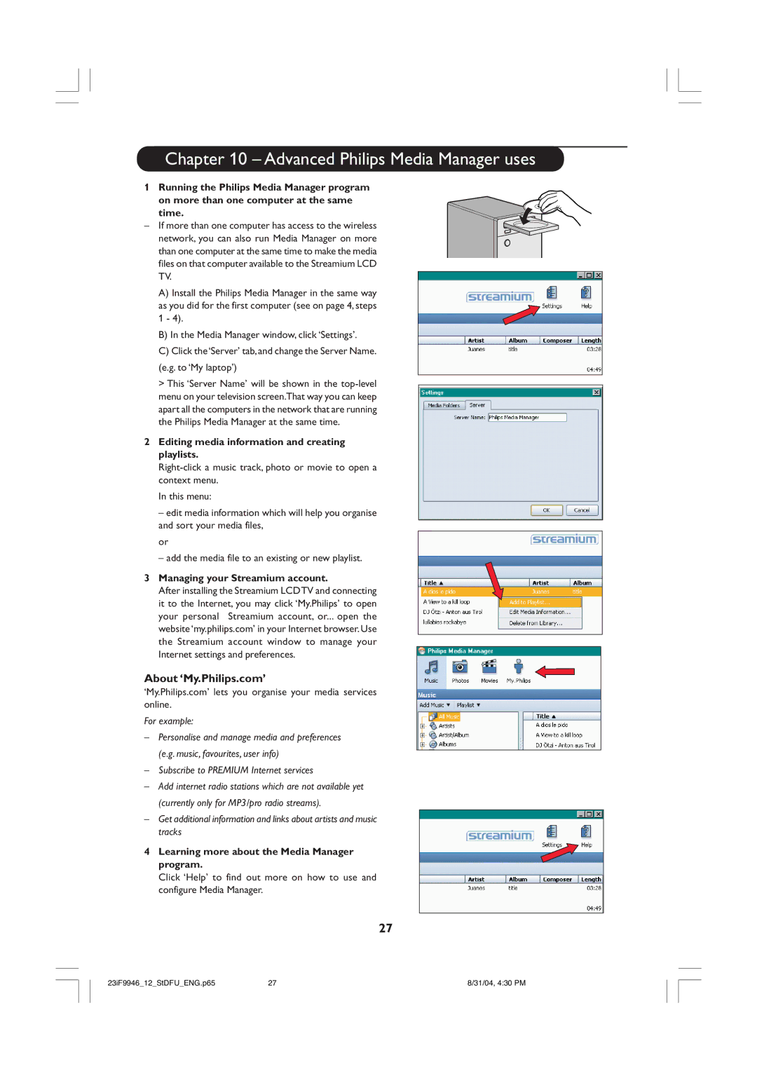 Philips 23iF9946 user manual Advanced Philips Media Manager uses, About ‘My.Philips.com’, Managing your Streamium account 