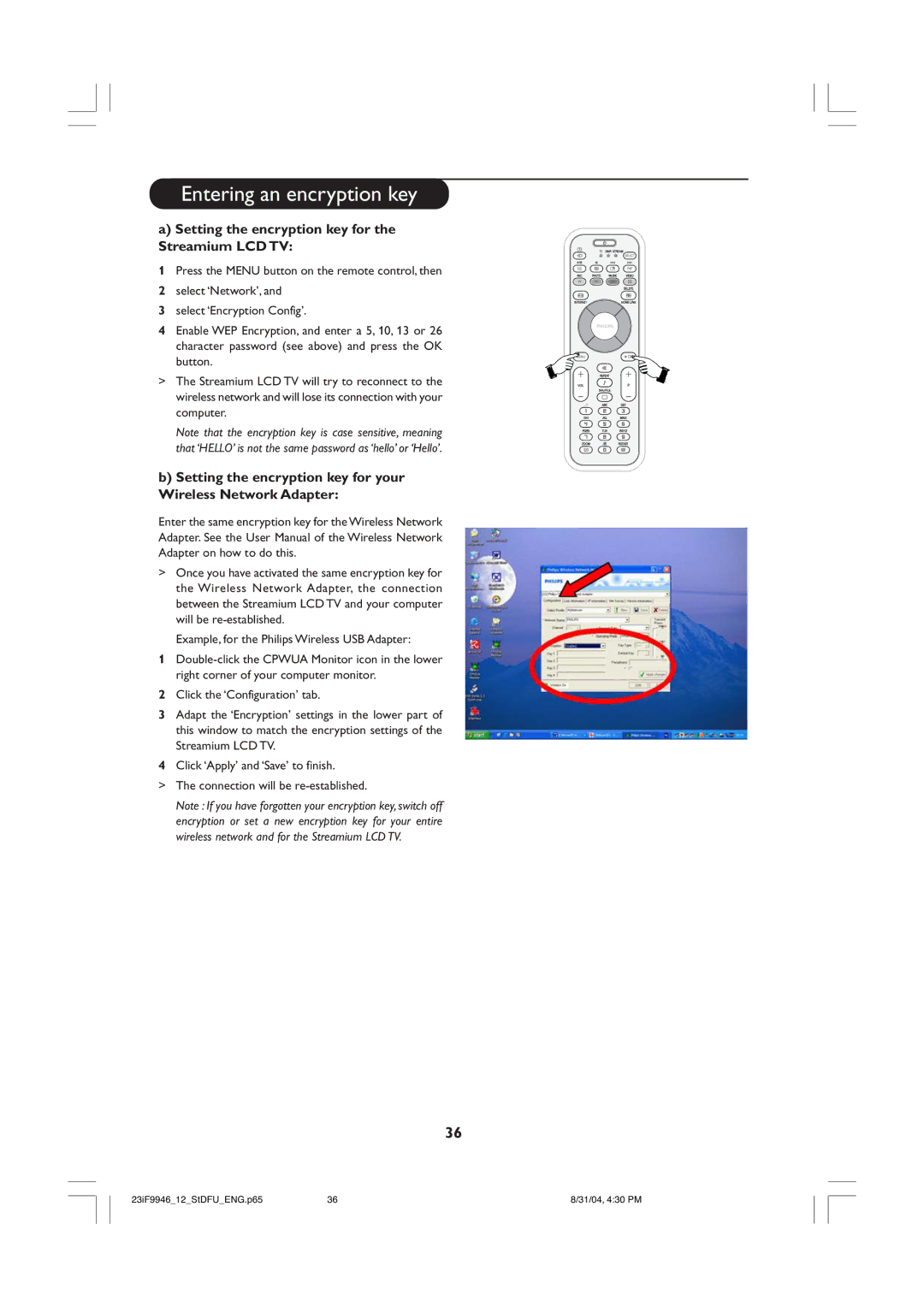 Philips 23iF9946 user manual Setting the encryption key for the Streamium LCD TV 