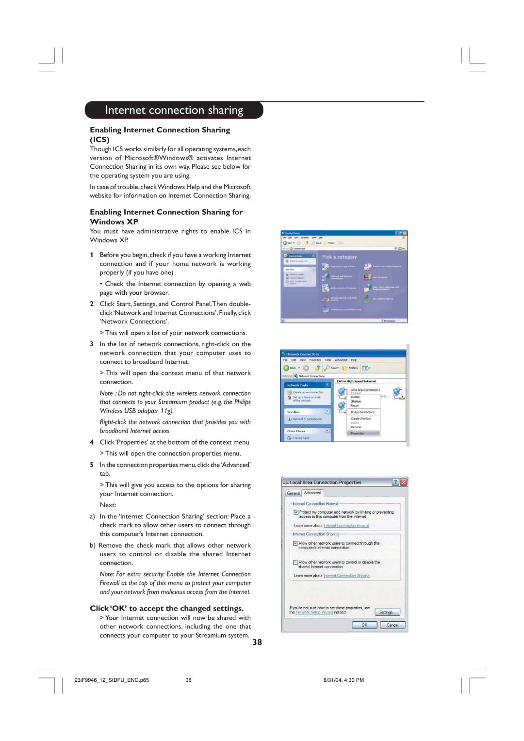 Philips 23iF9946 user manual Enabling Internet Connection Sharing ICS, Enabling Internet Connection Sharing for Windows XP 