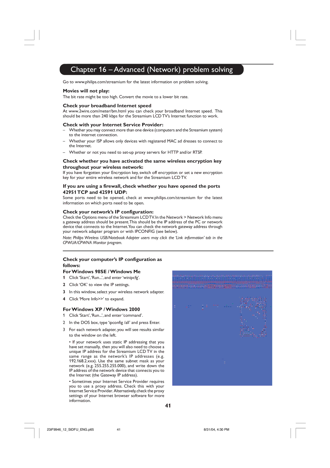 Philips 23iF9946 user manual Advanced Network problem solving, Movies will not play, For Windows XP / Windows 