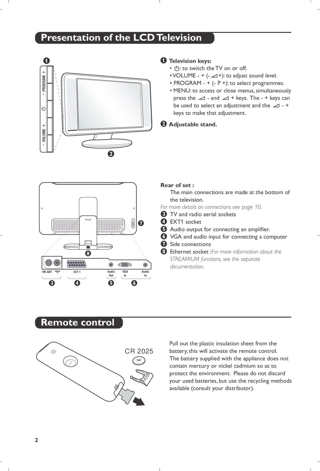 Philips 23iF9946 Presentation of the LCD Television, Remote control, Television keys, Adjustable stand Rear of set 