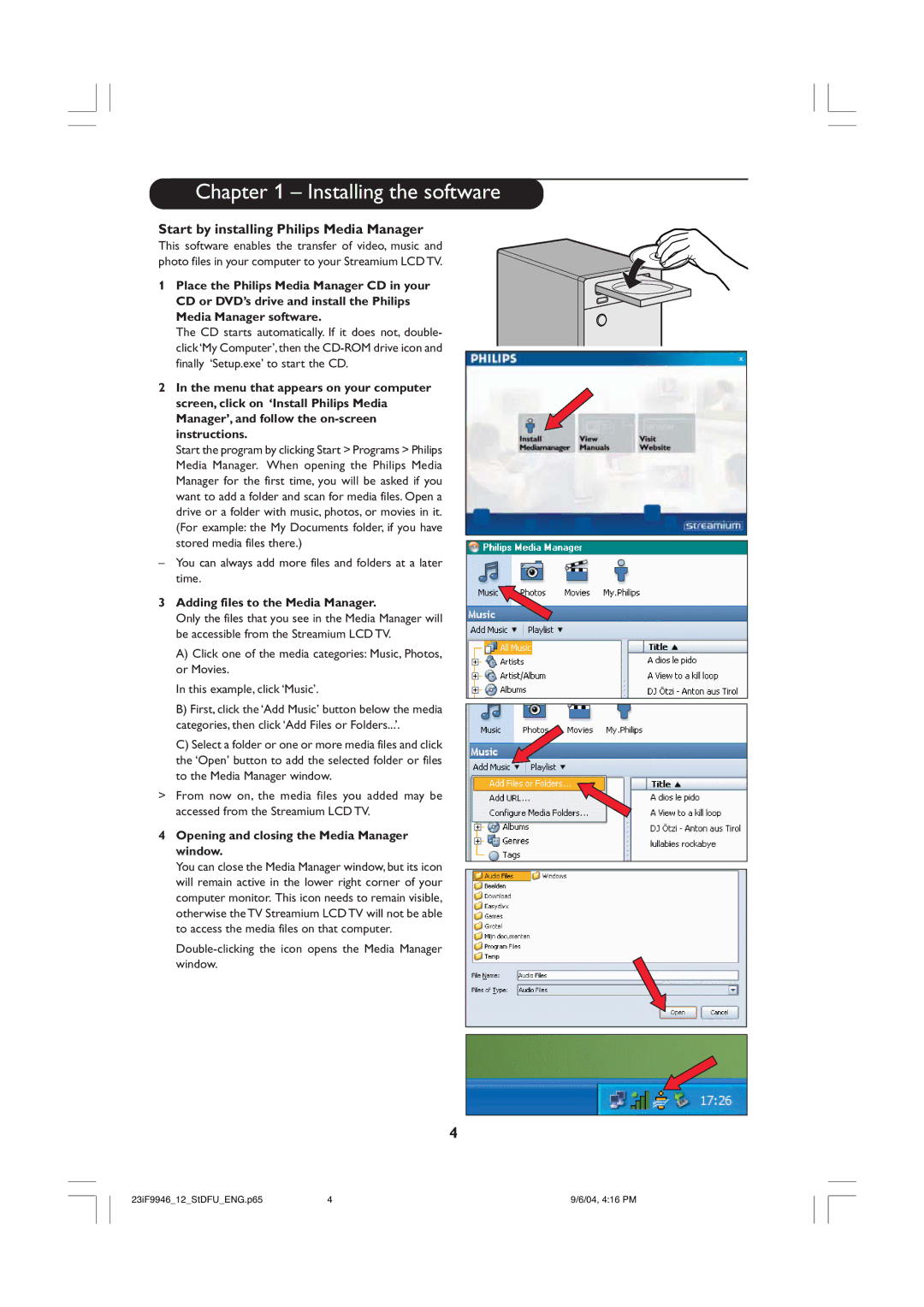 Philips 23iF9946 Installing the software, Start by installing Philips Media Manager, Adding files to the Media Manager 