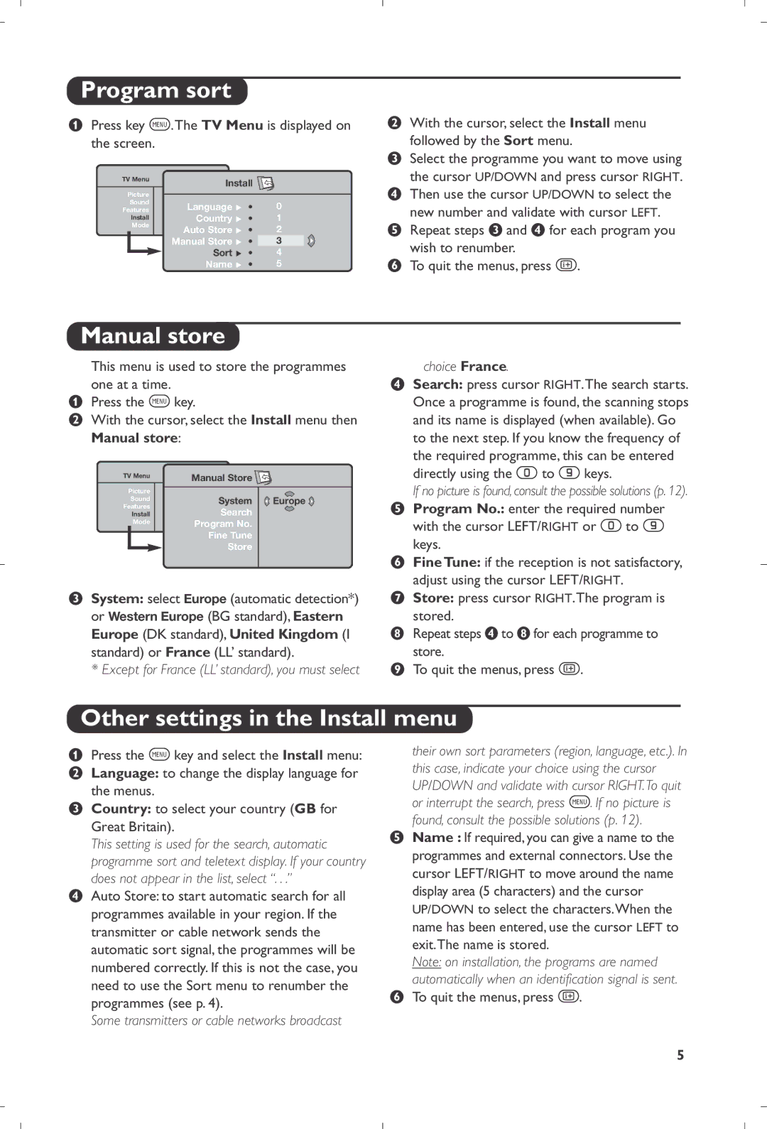 Philips 23iF9946 user manual Program sort, Manual store, Other settings in the Install menu 