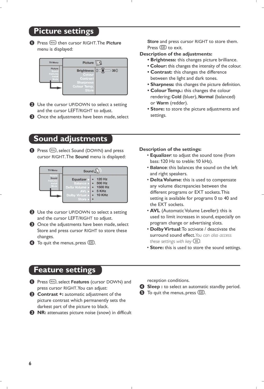 Philips 23iF9946 user manual Picture settings, Sound adjustments, Feature settings, Description of the adjustments 