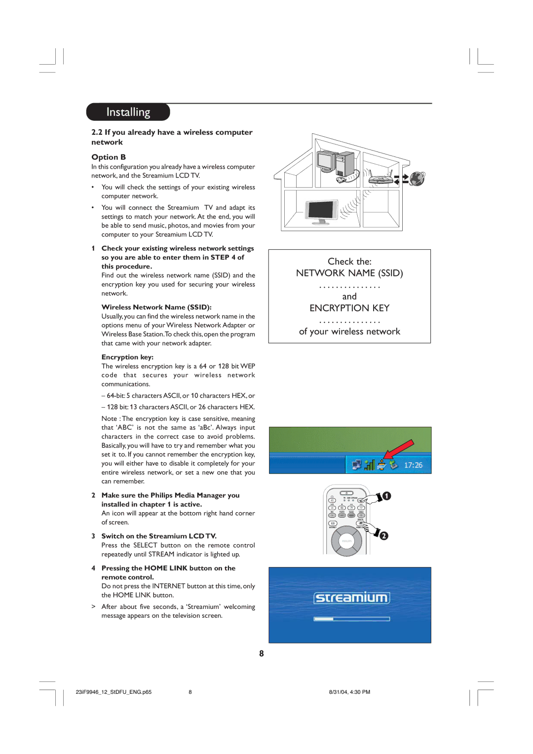 Philips 23iF9946 If you already have a wireless computer network Option B, Wireless Network Name Ssid, Encryption key 