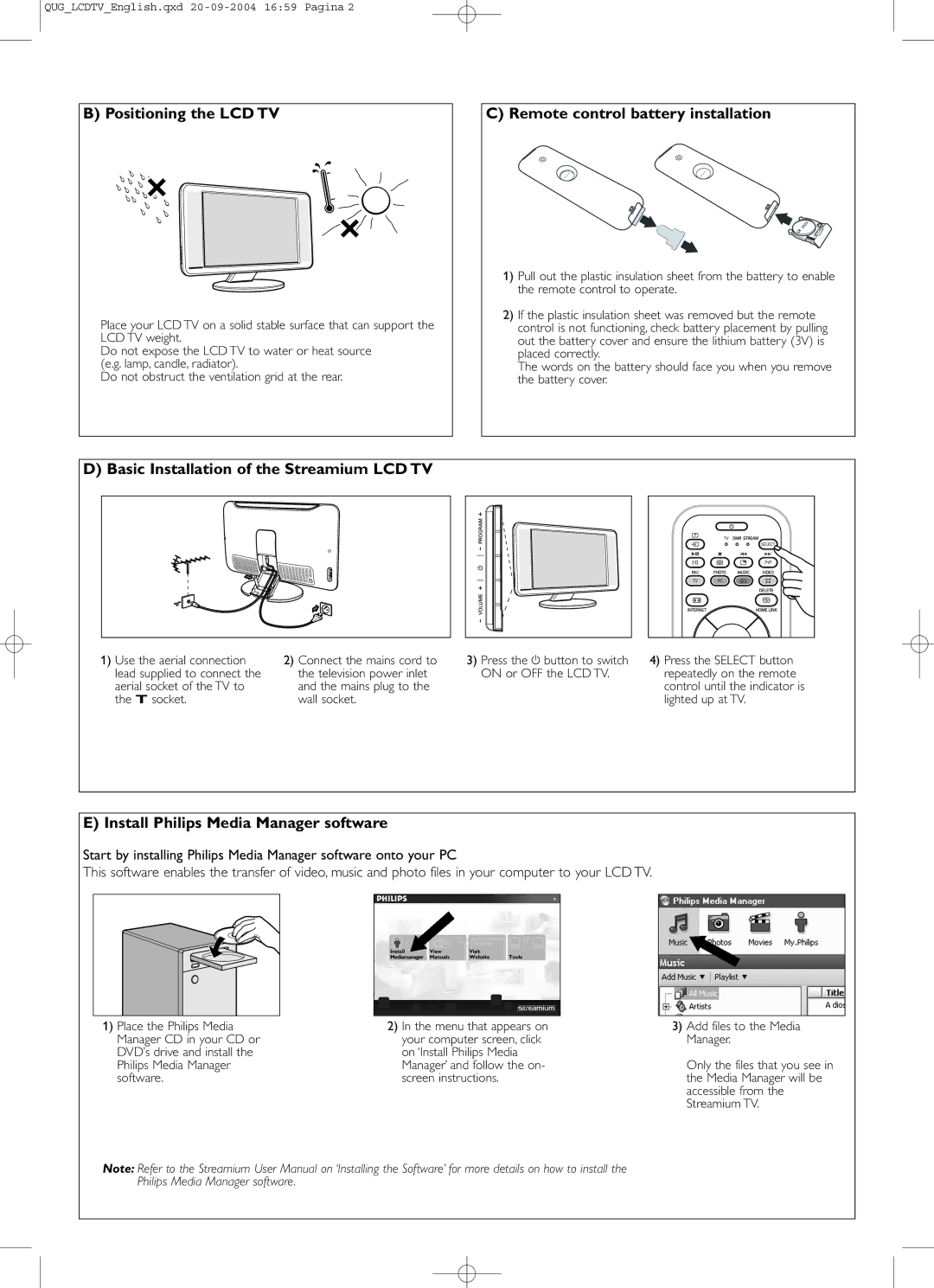 Philips 23IF9946/12 Positioning the LCD TV, Remote control battery installation, Install Philips Media Manager software 