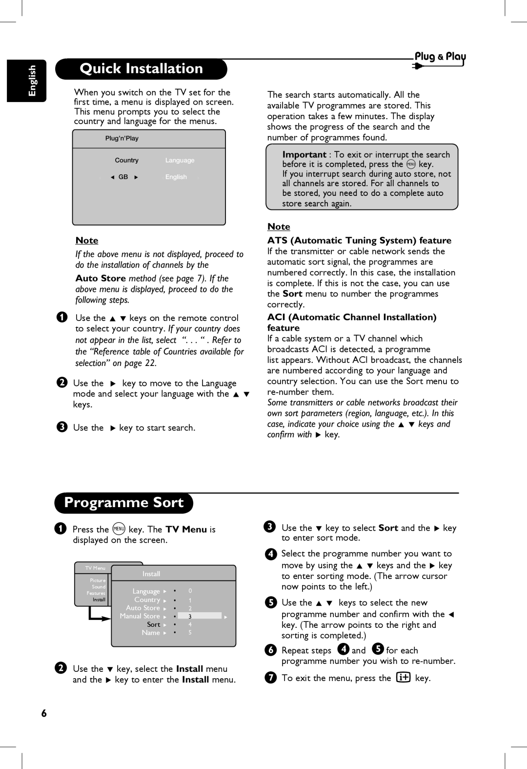 Philips 23PF, 5121, 20PF, 5321 Quick Installation, Programme Sort, Press the H key. The TV Menu is displayed on the screen 