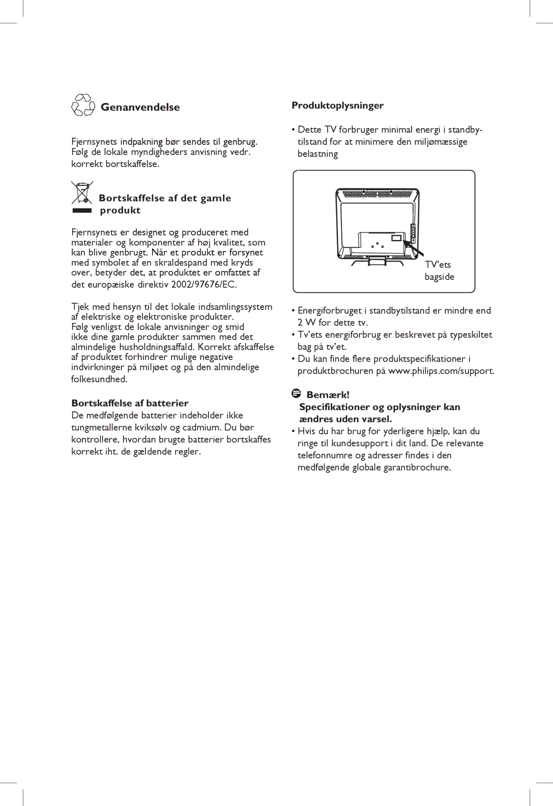 Philips 20PF, 23PF, 5121 Genanvendelse, Bortskaffelse af det gamle produkt, Bortskaffelse af batterier, Produktoplysninger 