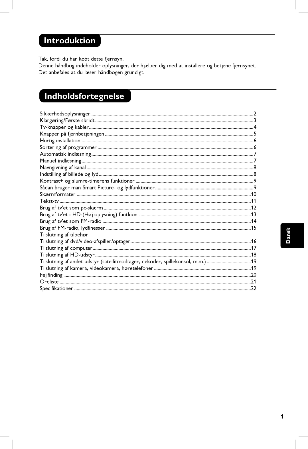 Philips 5321, 23PF, 5121, 20PF manual Introduktion, Indholdsfortegnelse, Tilslutning af tilbehør 