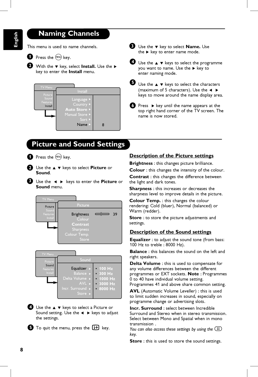 Philips 20PF, 23PF Naming Channels, Description of the Picture settings, Description of the Sound settings, Sound menu 