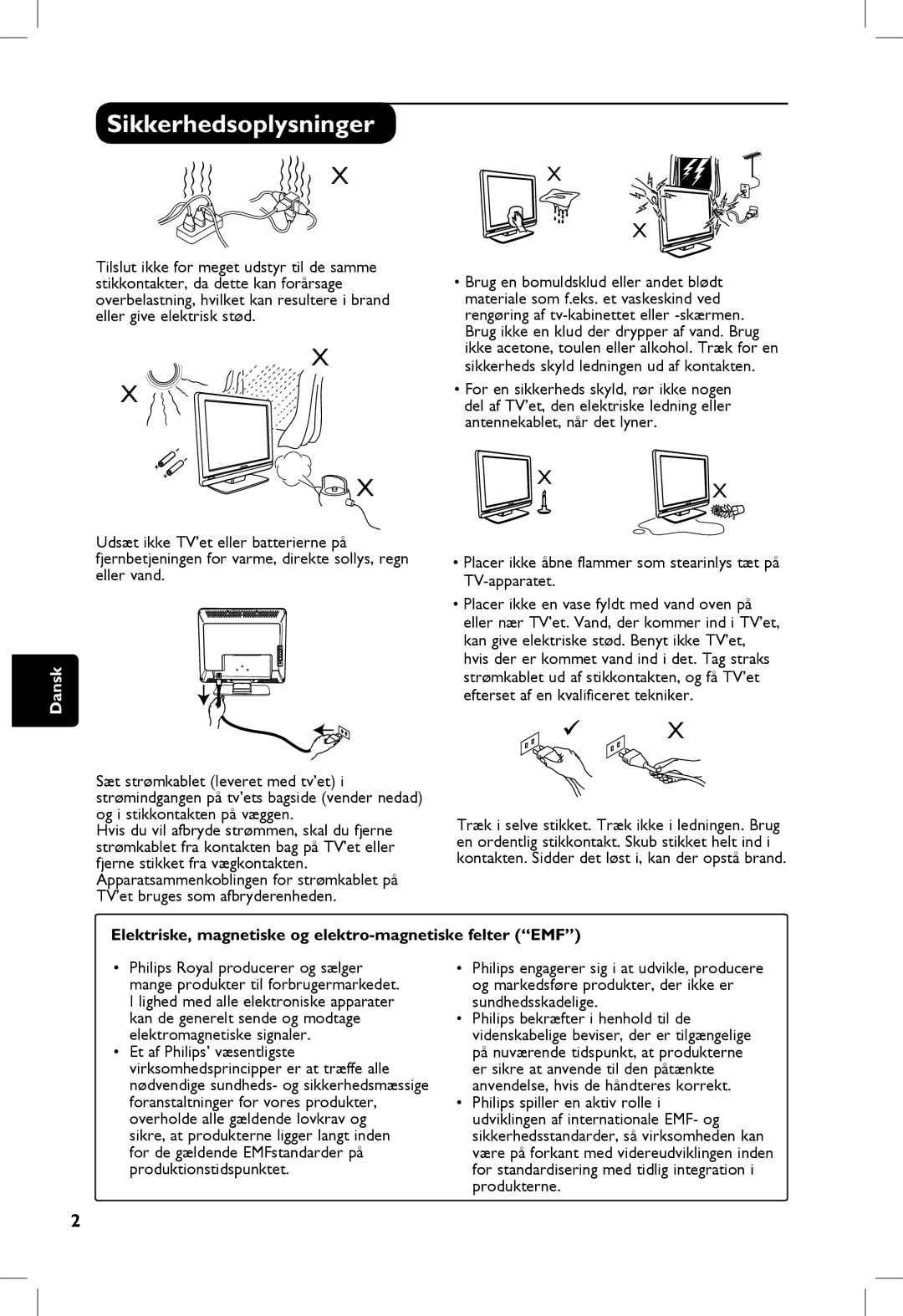 Philips 23PF, 5121, 20PF, 5321 manual Sikkerhedsoplysninger, Placer ikke åbne flammer som stearinlys tæt på TV-apparatet 