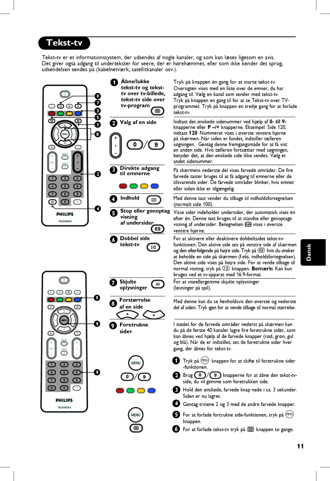 Philips 5121, 23PF, 20PF, 5321 manual Tekst-tv, Tv-program, Valg af en side, Af en side Foretrukne sider 