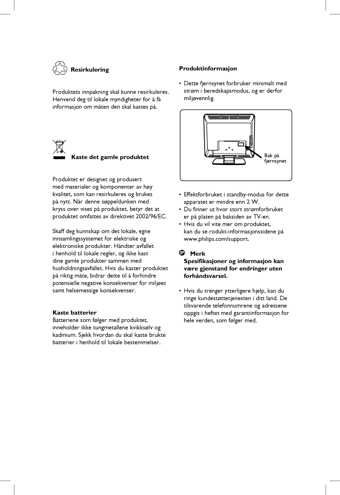 Philips 23PF, 5121, 20PF, 5321 manual Resirkulering Produktinformasjon, Kaste det gamle produktet, Kaste batterier, Bak på 