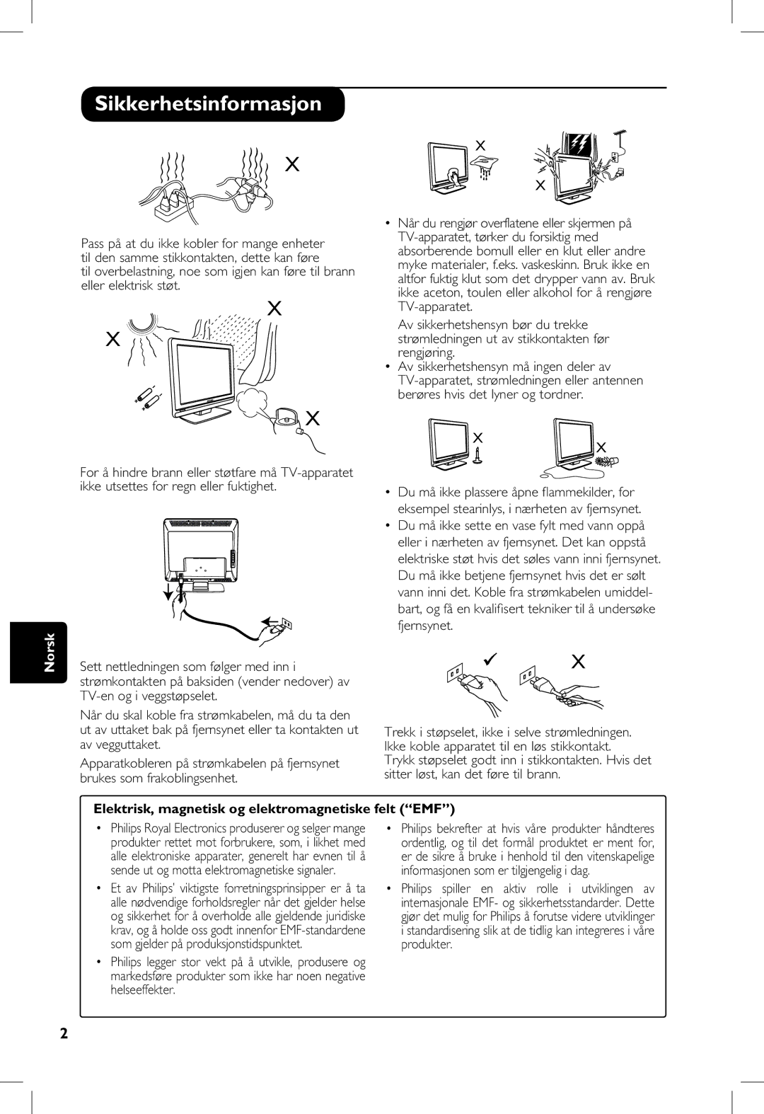 Philips 20PF, 23PF, 5121, 5321 manual Sikkerhetsinformasjon, Elektrisk, magnetisk og elektromagnetiske felt EMF 