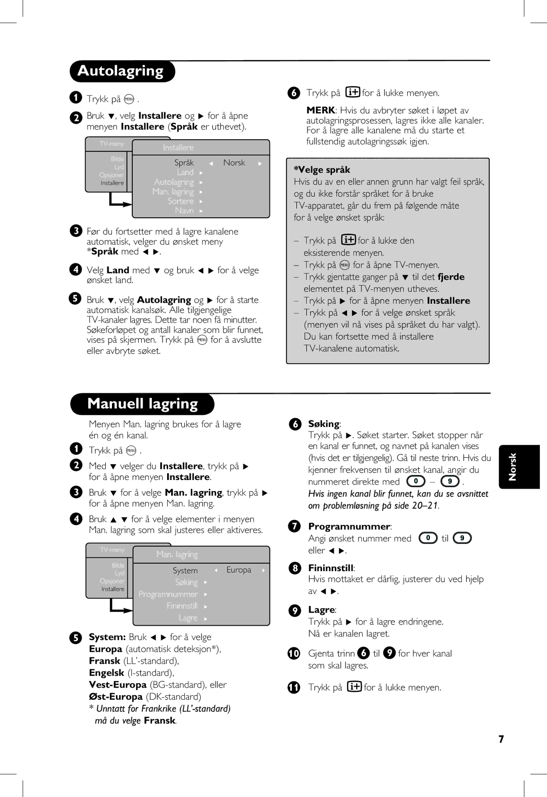 Philips 5321, 23PF, 5121, 20PF manual Autolagring, Manuell lagring 