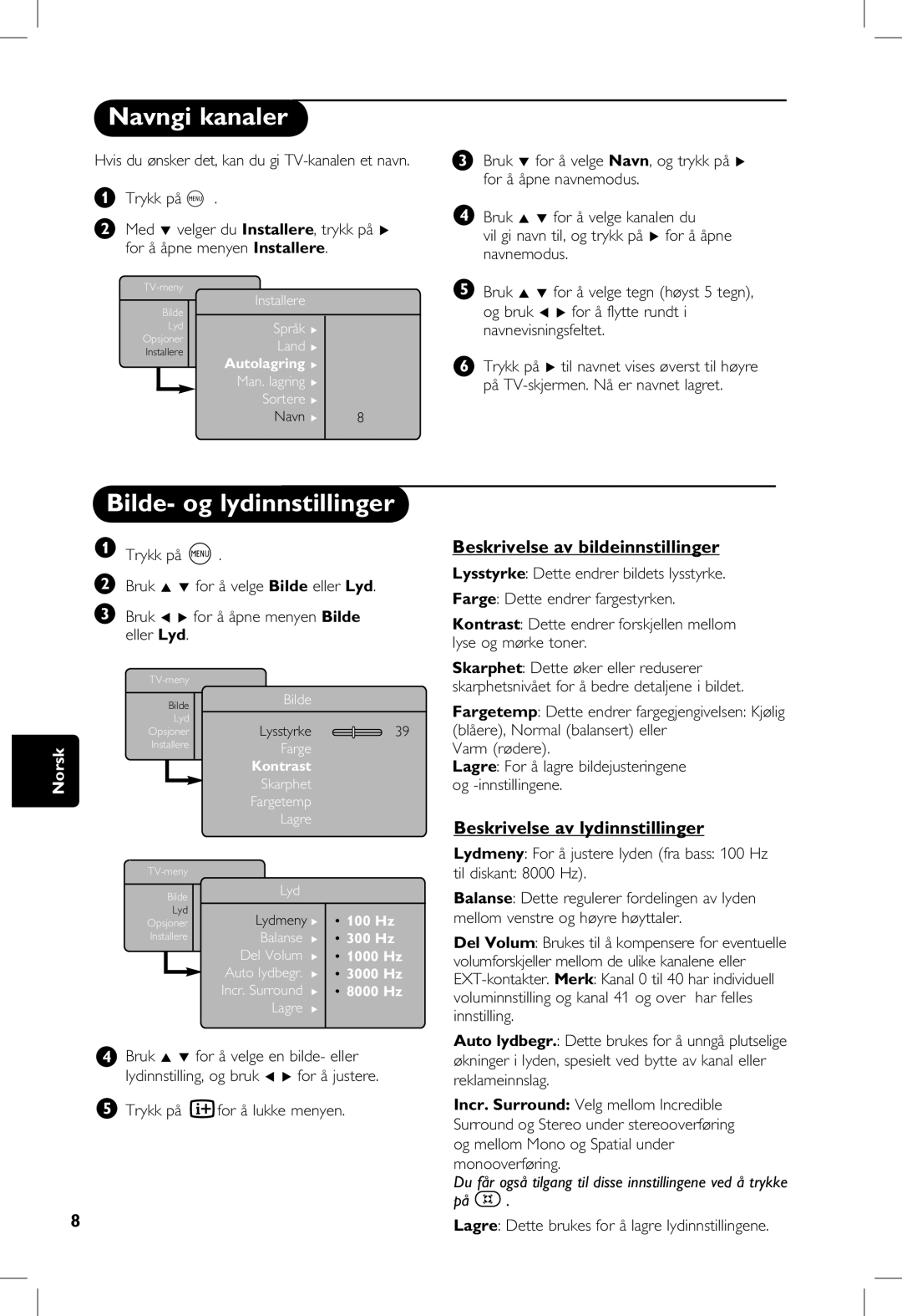 Philips 23PF, 5121, 20PF, 5321 manual Navngi kanaler, Bilde- og lydinnstillinger, Beskrivelse av bildeinnstillinger 