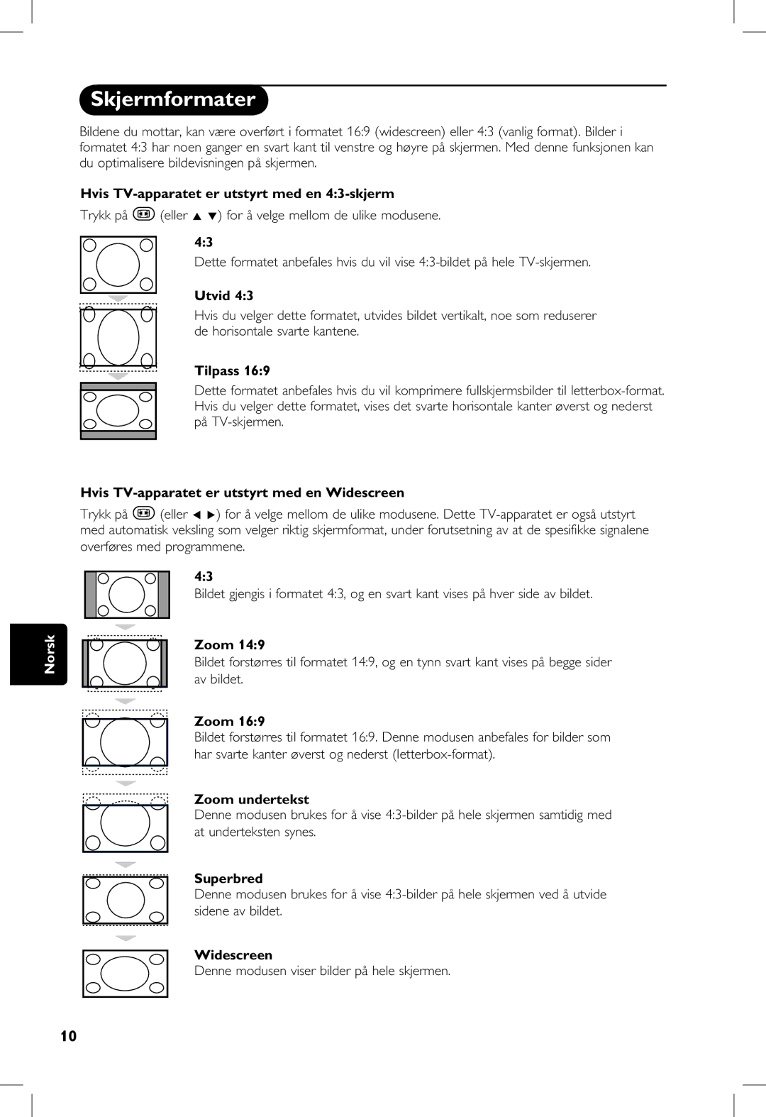 Philips 20PF, 23PF, 5121, 5321 manual Skjermformater 