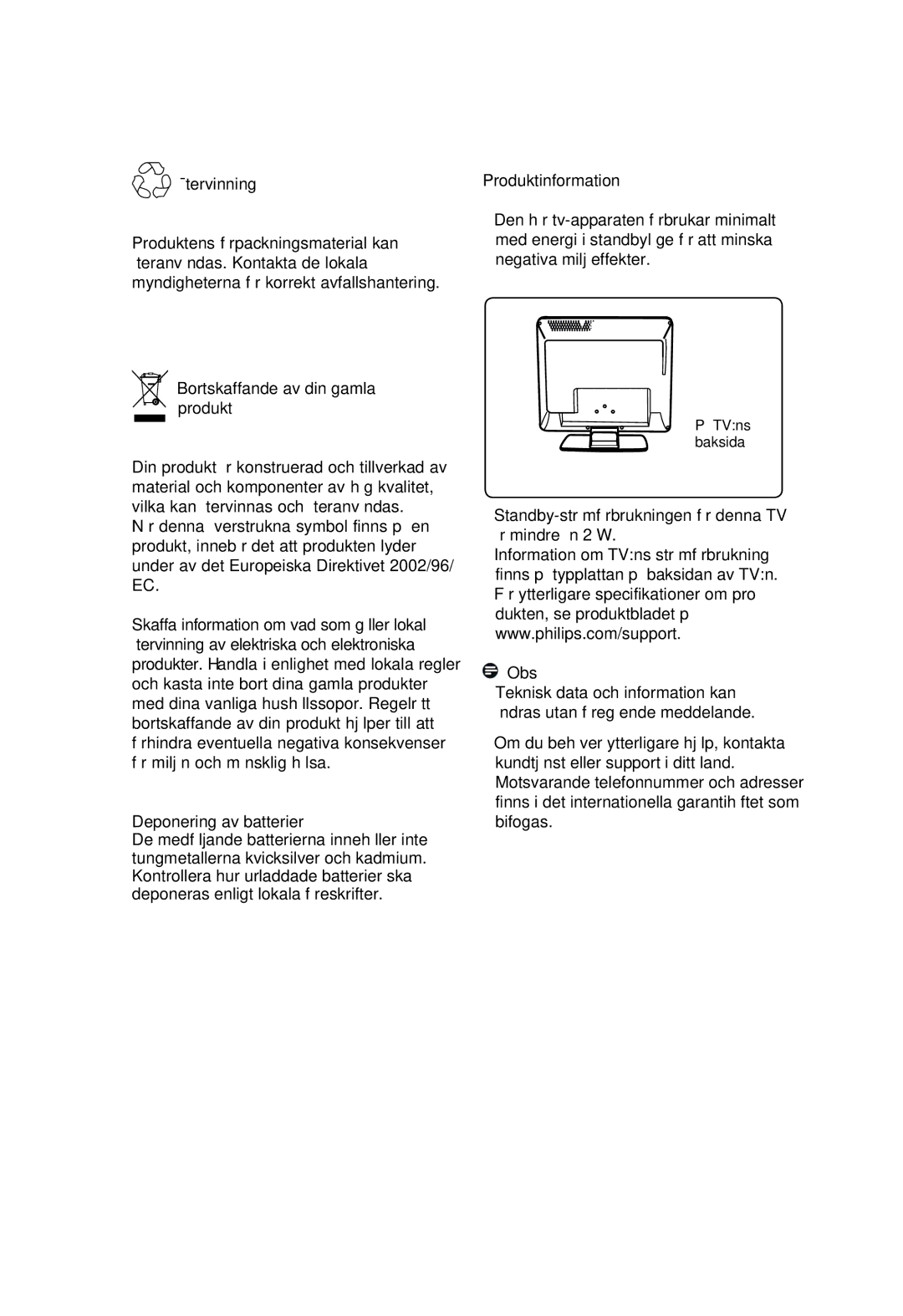 Philips 20PF, 23PF, 5121, 5321 Återvinning, Bortskaffande av din gamla produkt, Deponering av batterier, Produktinformation 