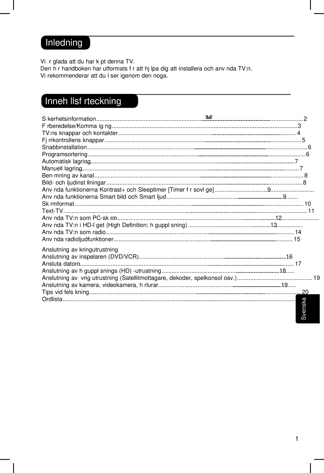 Philips 5321, 23PF, 5121, 20PF manual Inledning, Innehållsförteckning, Anslutning av kringutrustning 