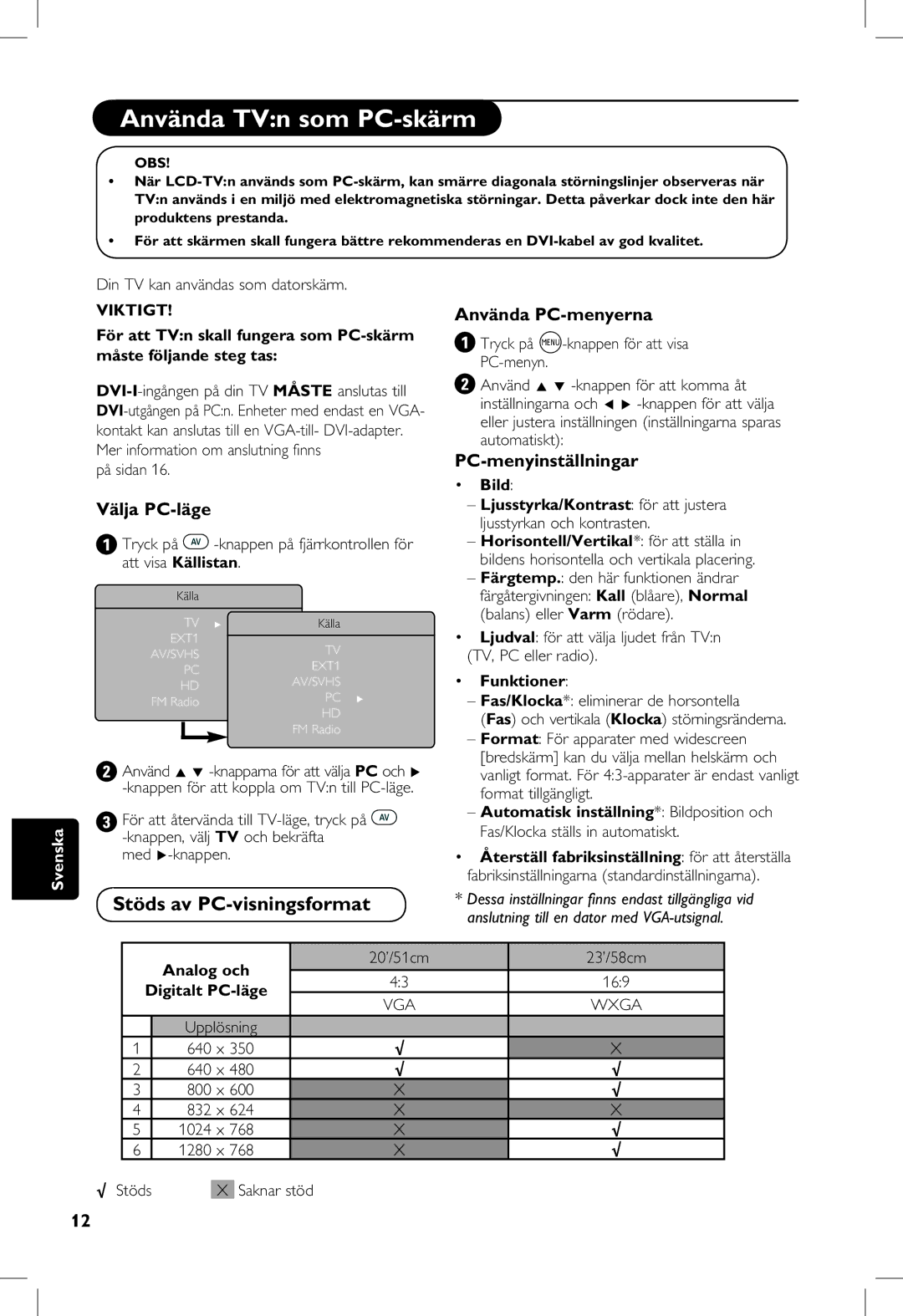 Philips 20PF, 23PF, 5121, 5321 manual Använda TVn som PC-skärm, Stöds av PC-visningsformat, Välja PC-läge, Använda PC-menyerna 