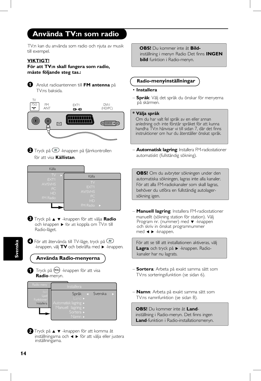 Philips 23PF, 5121, 20PF, 5321 manual Använda TVn som radio, Använda Radio-menyerna, Radio-menyinställningar, Installera 