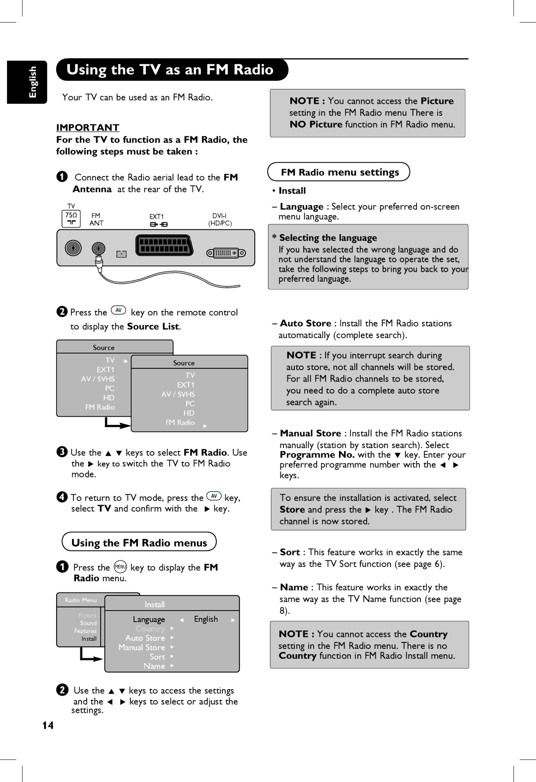 Philips 23PF, 5121, 20PF, 5321 manual Using the TV as an FM Radio, FM Radio menu settings, Using the FM Radio menus, Install 