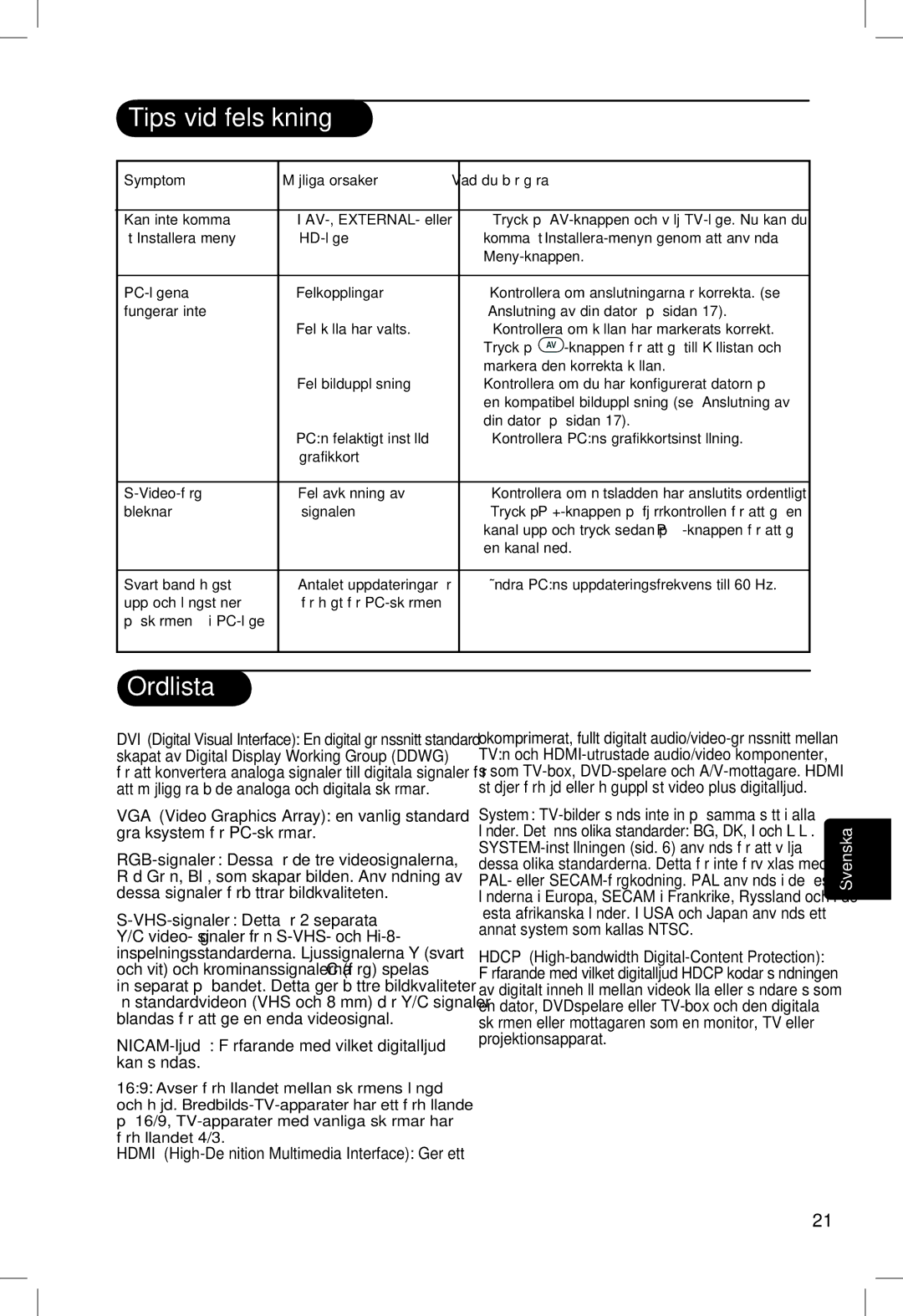 Philips 5321, 23PF, 5121, 20PF manual Ordlista, NICAM-ljud Förfarande med vilket digitalljud kan sändas 