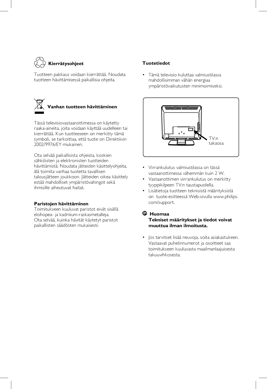 Philips 23PF, 5121, 20PF Kierrätysohjeet, Vanhan tuotteen hävittäminen, Paristojen hävittäminen, Tuotetiedot, TVn takaosa 