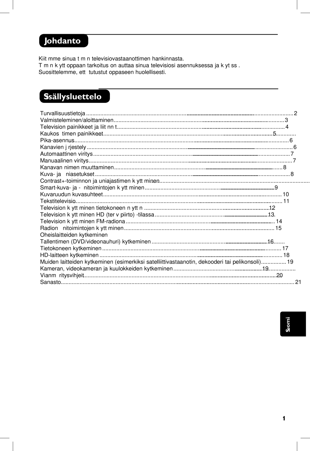 Philips 5121, 23PF, 20PF, 5321 manual Johdanto, Sisällysluettelo, Kiitämme sinua tämän televisiovastaanottimen hankinnasta 