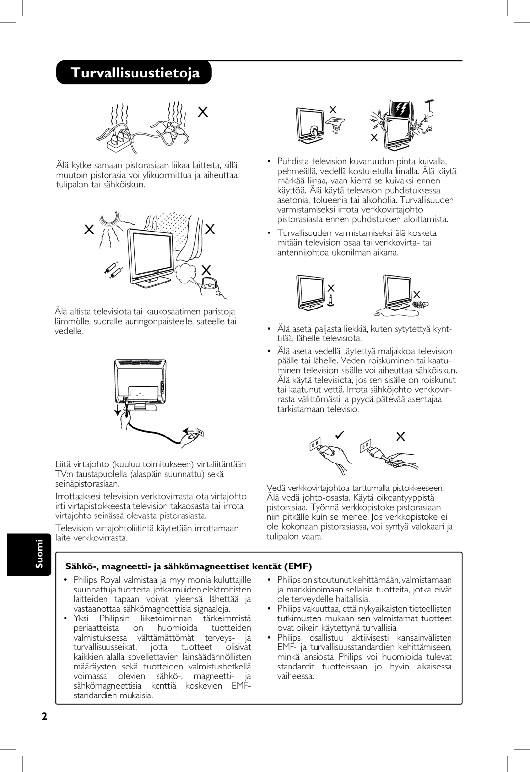 Philips 20PF, 23PF, 5121, 5321 manual Turvallisuustietoja, Sähkö-, magneetti- ja sähkömagneettiset kentät EMF 