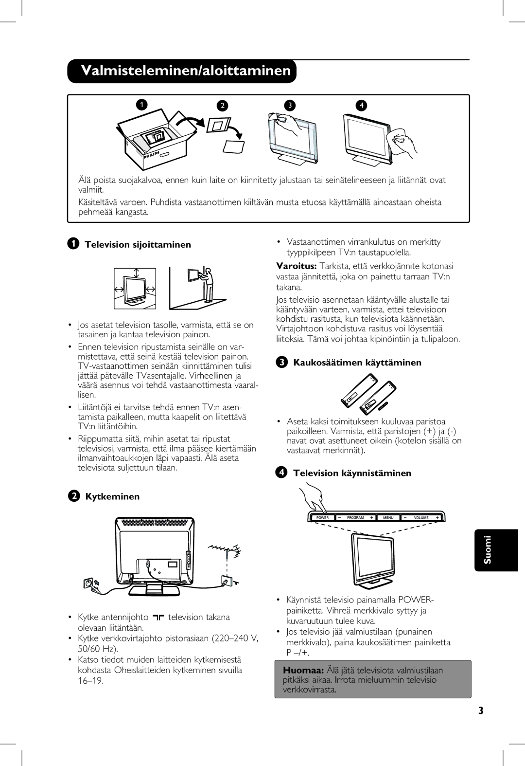 Philips 5321, 23PF, 5121, 20PF manual Valmisteleminen/aloittaminen, Television sijoittaminen, Kaukosäätimen käyttäminen 