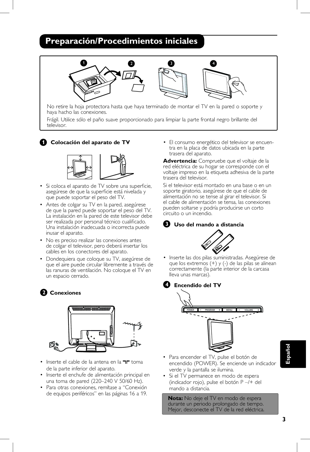 Philips 5121 Preparación/Procedimientos iniciales, Colocación del aparato de TV, Conexiones, Uso del mando a distancia 