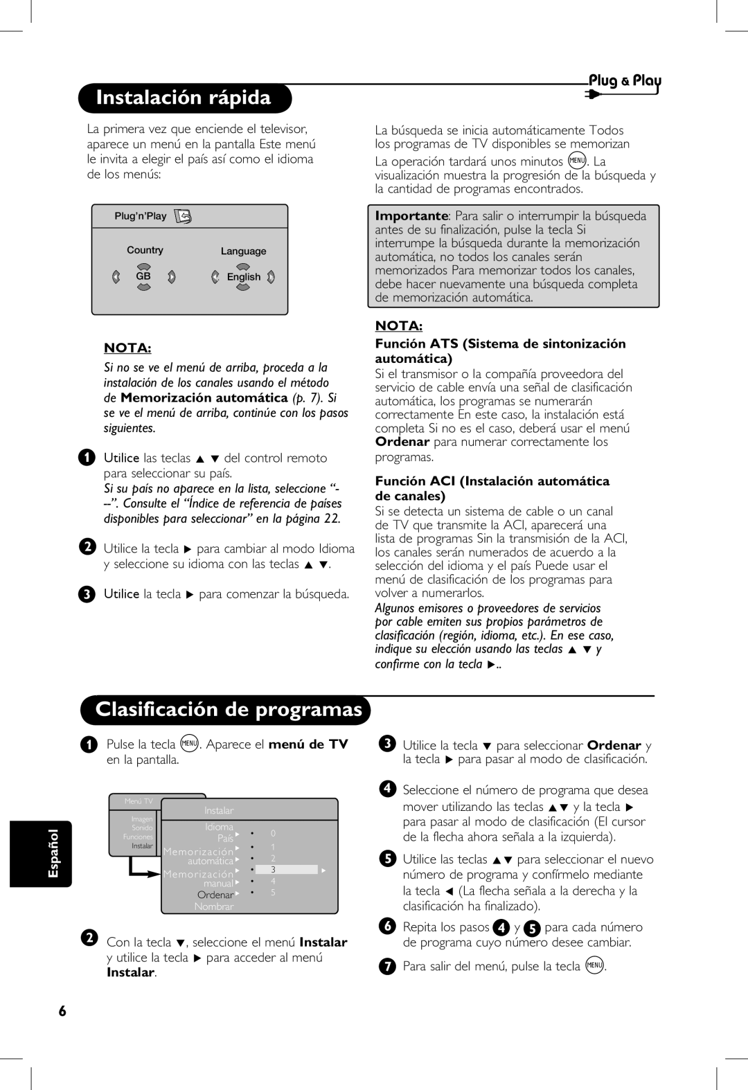 Philips 23PF, 5121, 20PF Instalación rápida, Clasificación de programas, Función ATS Sistema de sintonización automática 