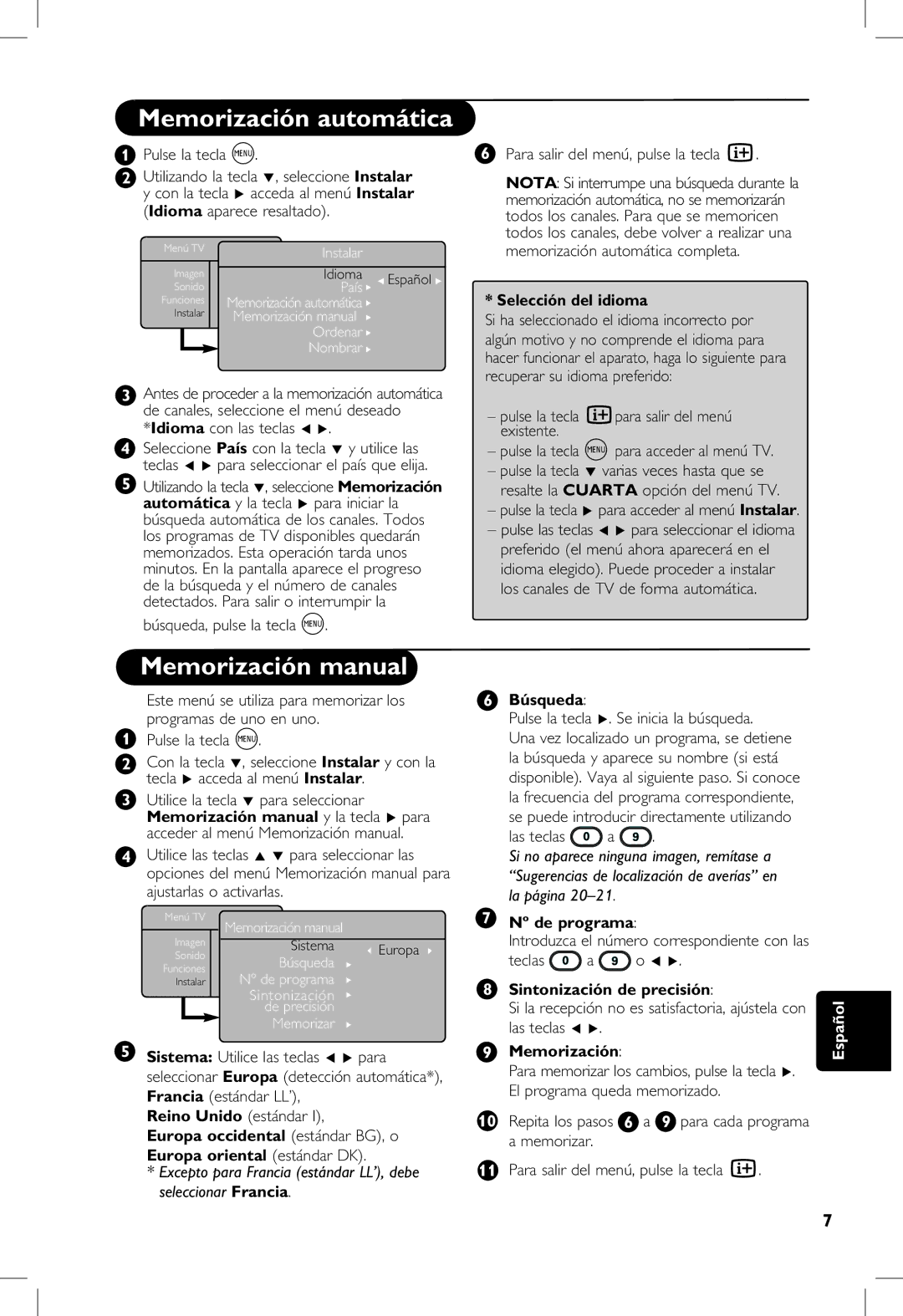 Philips 5121, 23PF, 20PF, 5321 Memorización automática, Memorización manual 