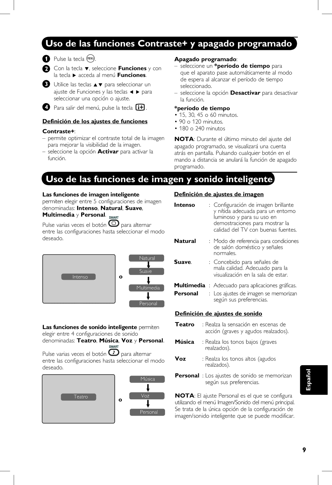 Philips 5321 Uso de las funciones Contraste+ y apagado programado, Uso de las funciones de imagen y sonido inteligente 
