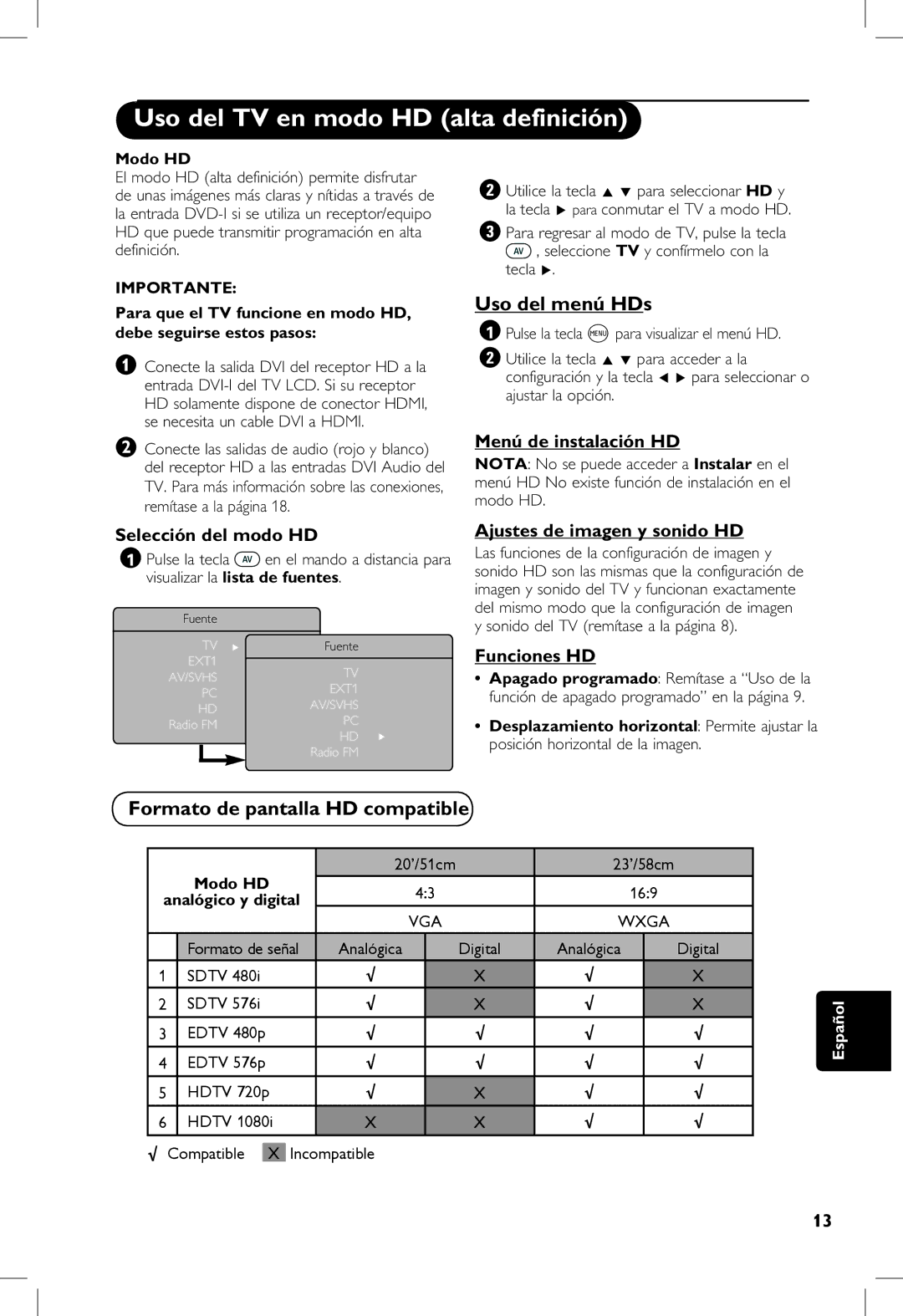 Philips 5321, 23PF, 5121, 20PF Uso del TV en modo HD alta definición, Uso del menú HDs, Formato de pantalla HD compatible 