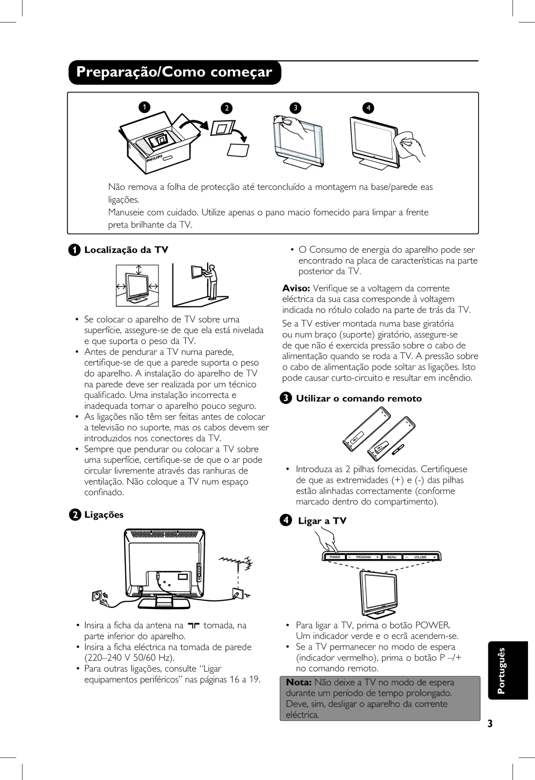 Philips 5321, 23PF, 5121, 20PF Preparação/Como começar, Localização da TV, Utilizar o comando remoto, Ligações Ligar a TV 