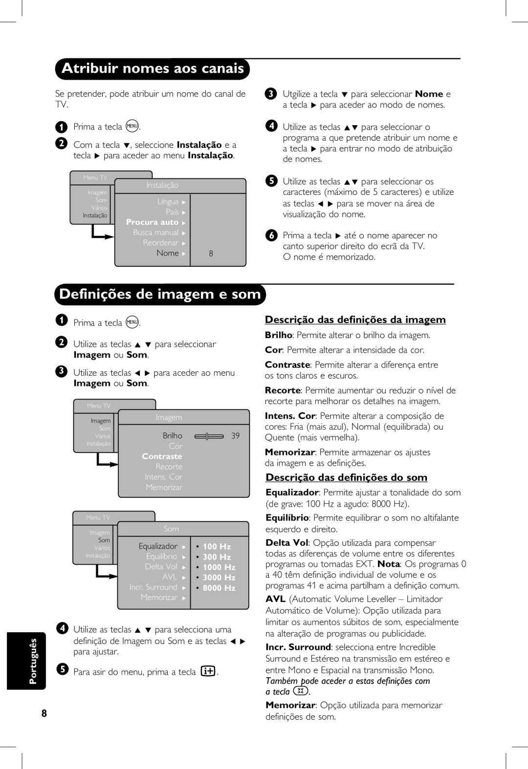 Philips 23PF, 5121, 20PF, 5321 manual Atribuir nomes aos canais, Definições de imagem e som, Descrição das deﬁnições da imagem 