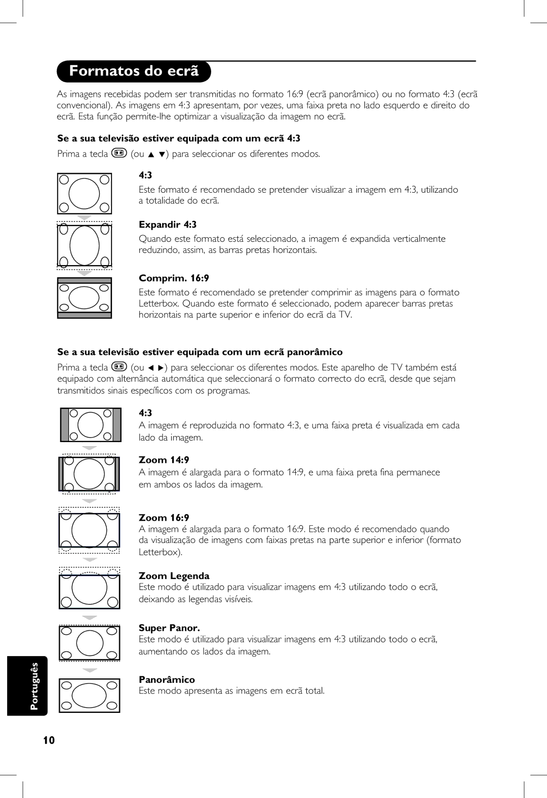 Philips 20PF, 23PF, 5121, 5321 manual Formatos do ecrã 