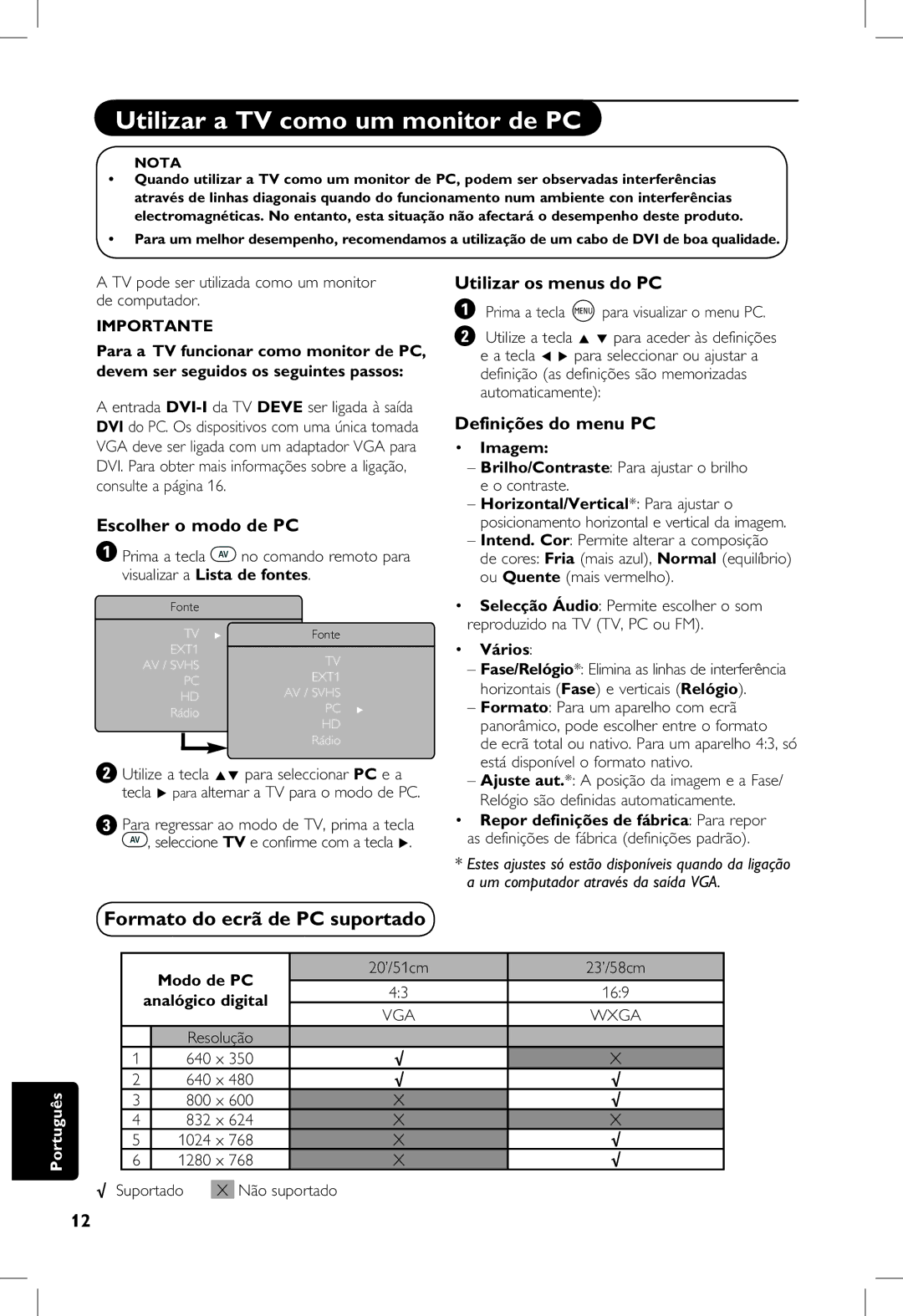 Philips 23PF, 5121, 20PF, 5321 Utilizar a TV como um monitor de PC, Formato do ecrã de PC suportado, Escolher o modo de PC 