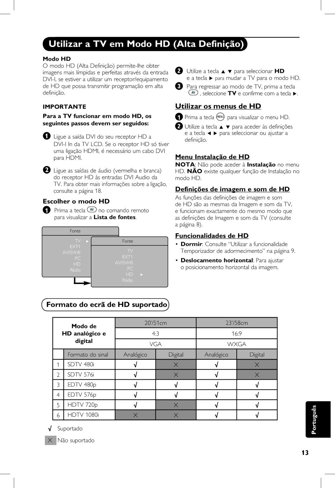 Philips 5121, 23PF, 20PF Utilizar a TV em Modo HD Alta Definição, Utilizar os menus de HD, Formato do ecrã de HD suportado 