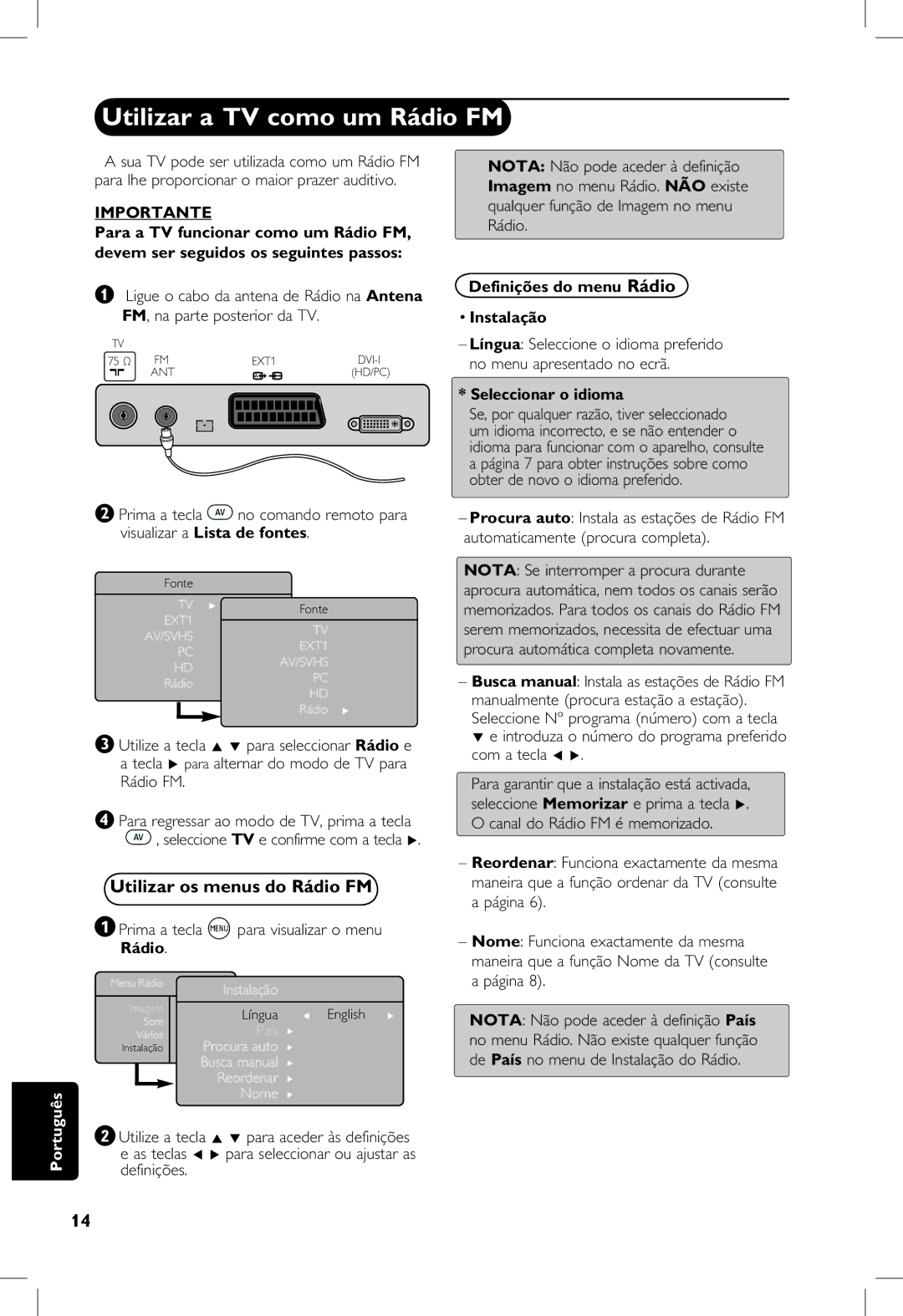 Philips 20PF Utilizar a TV como um Rádio FM, Utilizar os menus do Rádio FM, Definições do menu Rádio Instalação, Página 