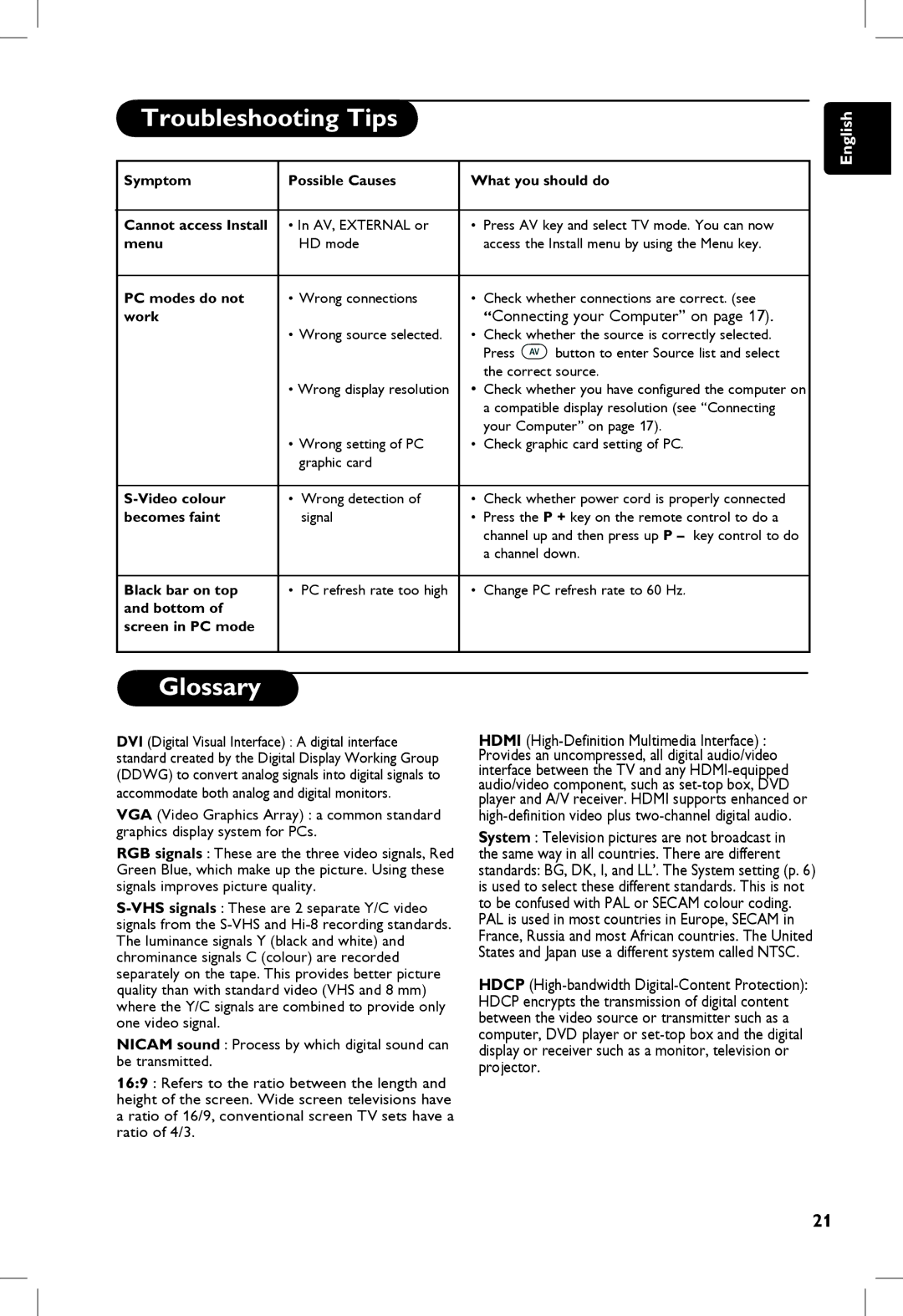 Philips 5321, 23PF, 5121, 20PF manual Glossary, Connecting your Computer on 